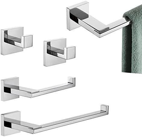 5 darabos fürdőszoba kiegészítő készlet, 24” törölközőtartó, 9” törölközőtartó, WC papírtartó, köntöstartók, polírozott króm rozsdamentes acél B12A5-Ch  |  Fürdőszobai hardver Fürdőszobai hardver Fürdőszobai hardver