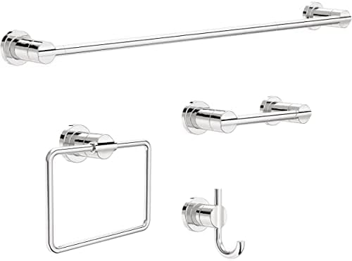 Delta Faucet Nic64-Pc Nicoli 4 darabos fürdőszobai kiegészítő szett 18-24 hüvelyk széles törölközőtartó, WC-papír tartó, törölközőgyűrű, törölközőakasztó fényes króm kivitelben  |  Fürdőszobai hardver Fürdőszobai hardver Fürdőszobai hardver